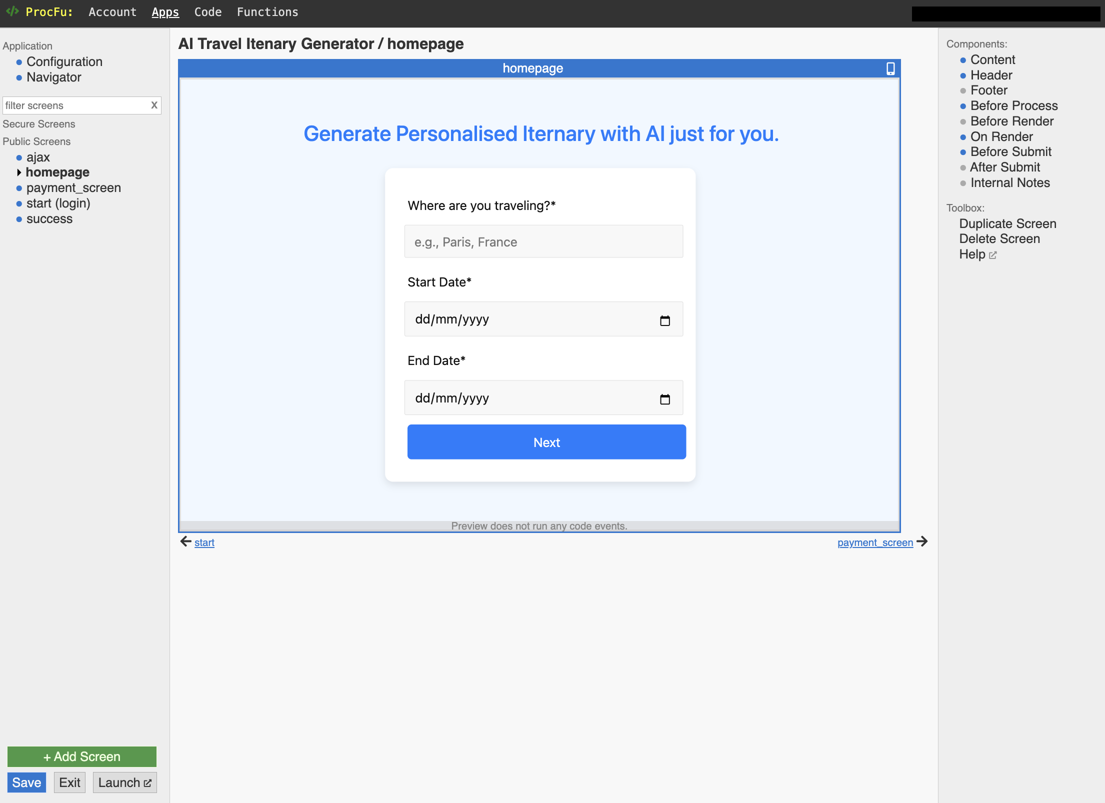 ProcFu App Builder Interface