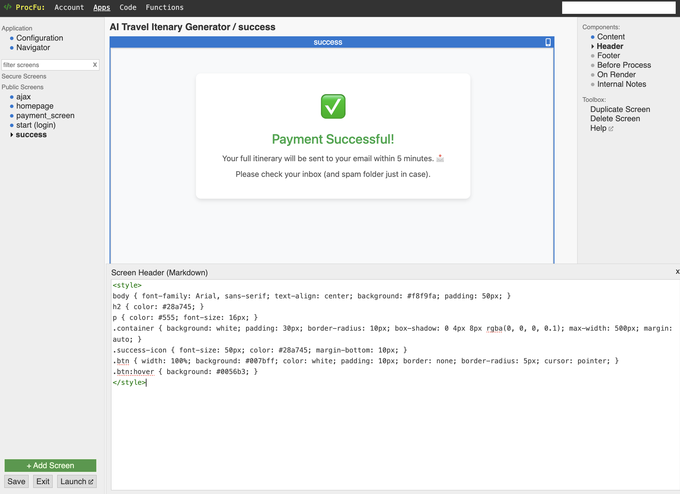 Header section of the success page with the code to style