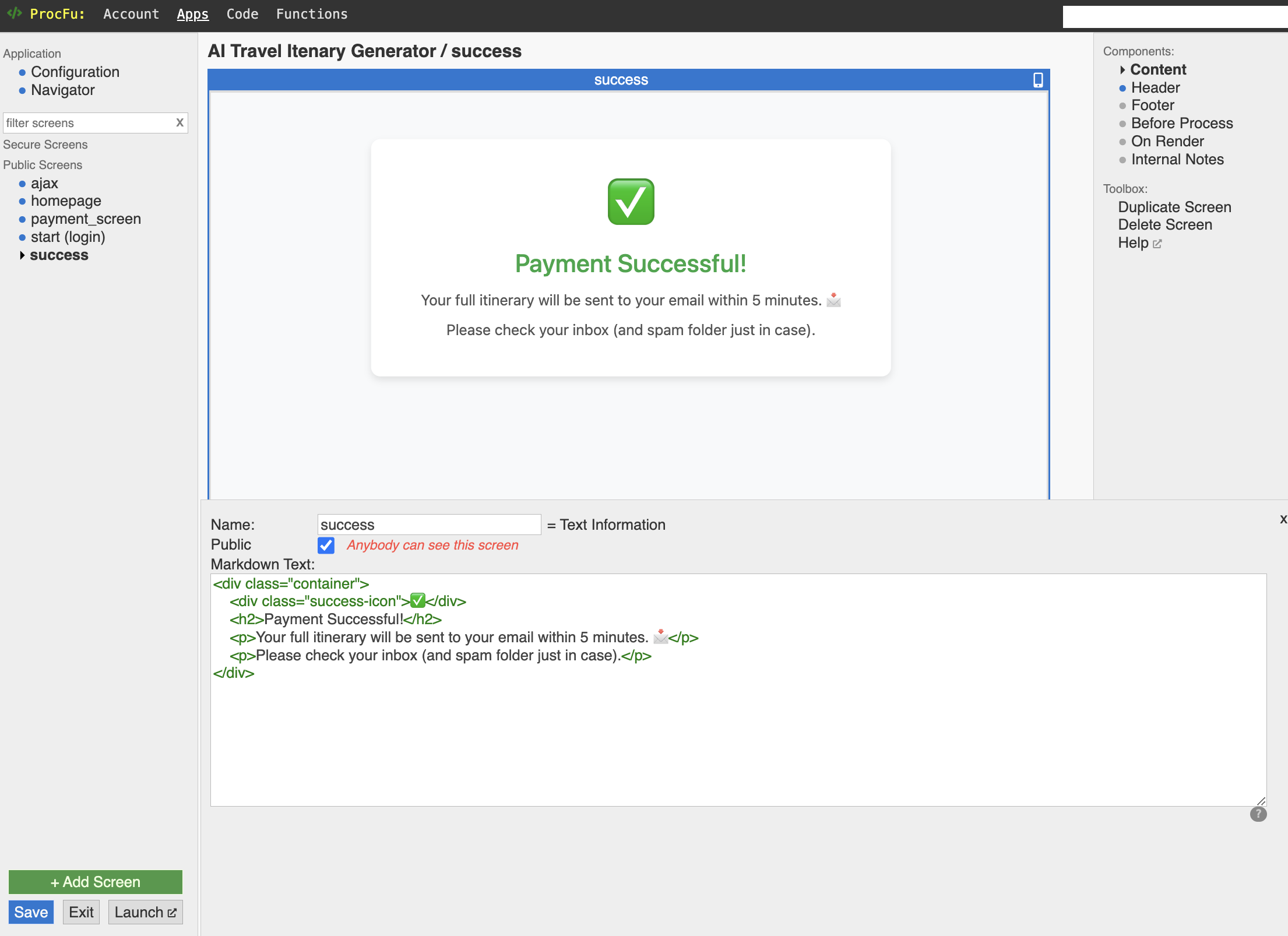 Content section of the payment page showing success message