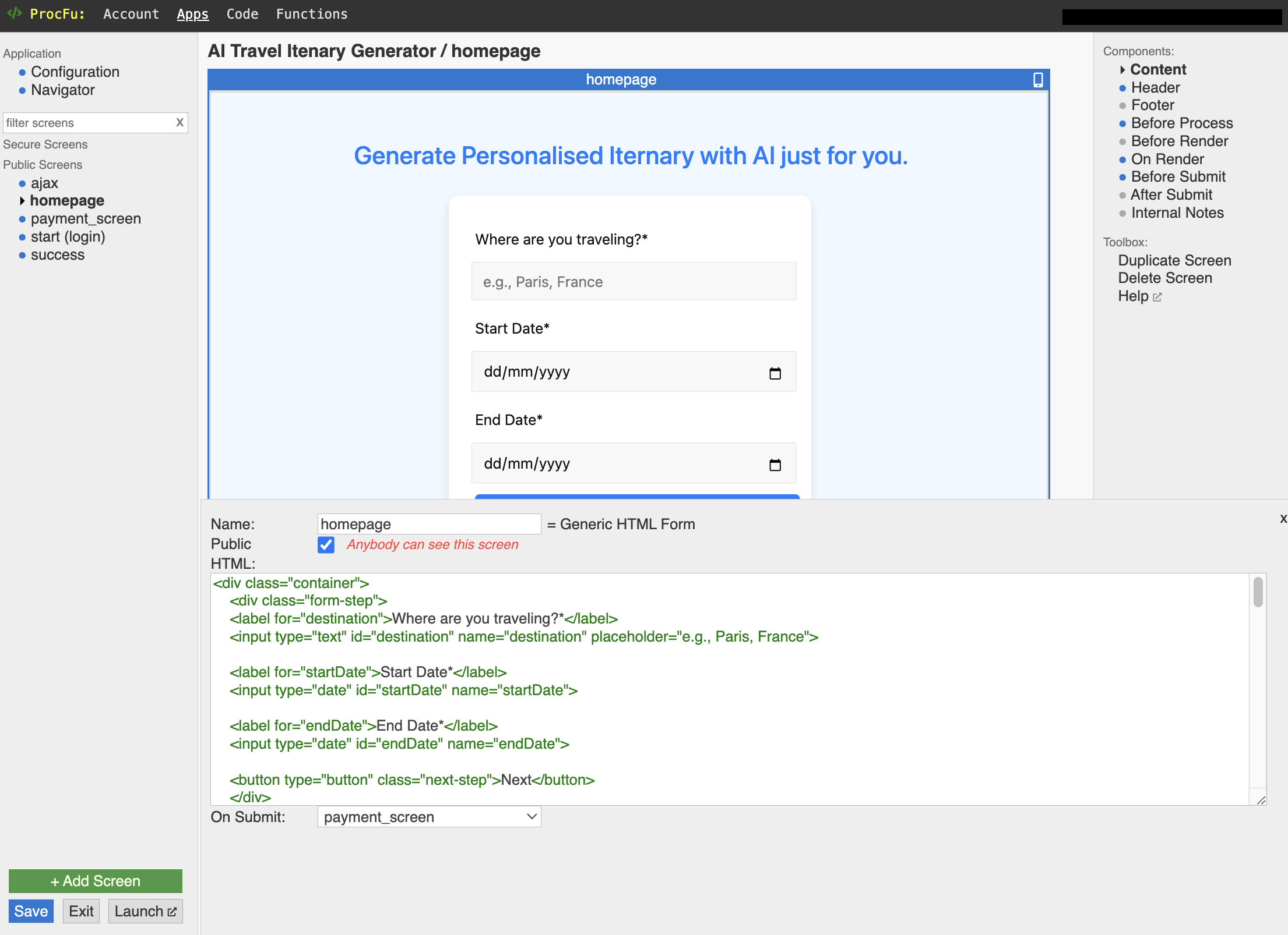 Content section of the homepage with the form code