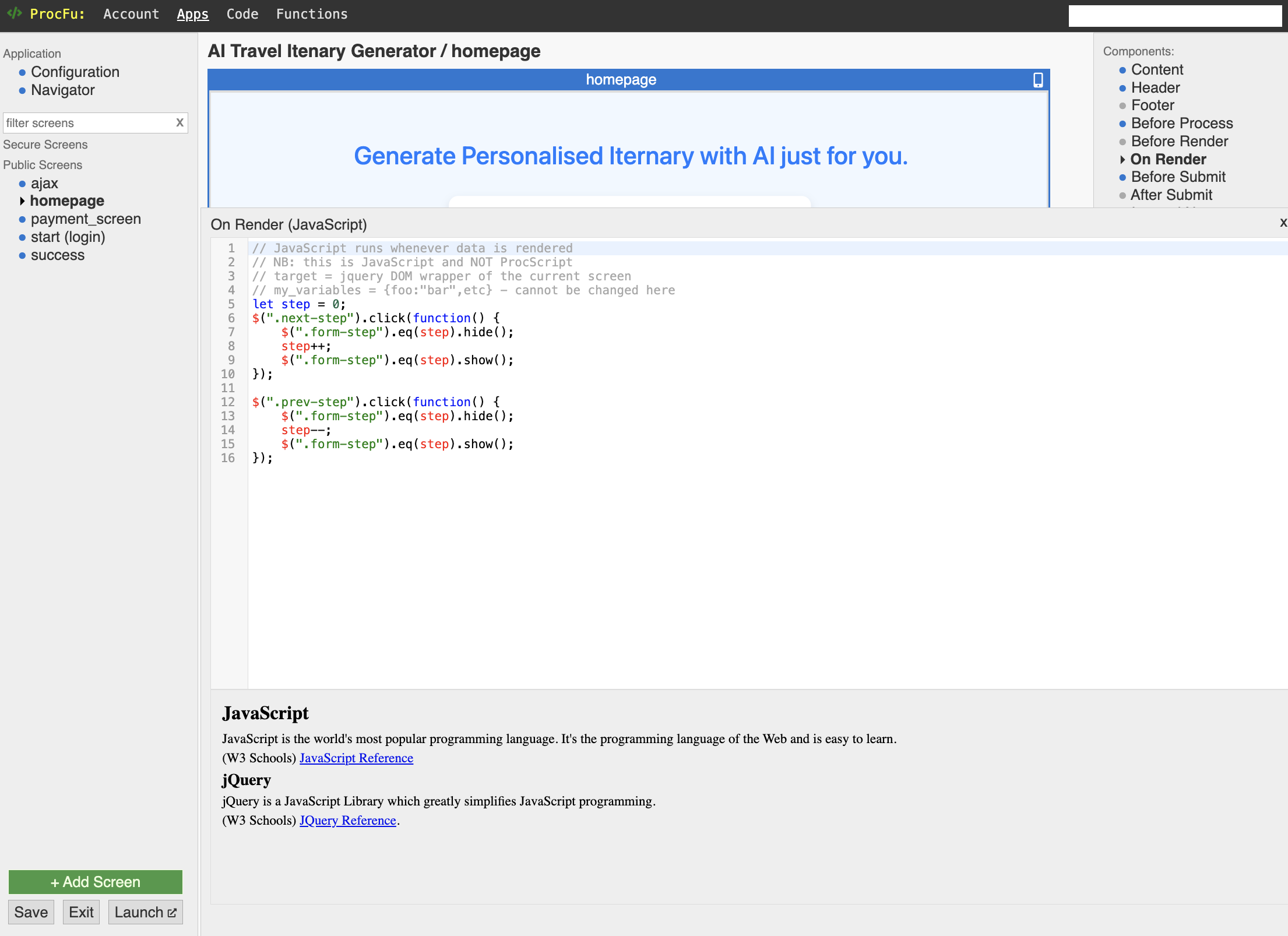JS code in the On Render section to power the next/previous buttons