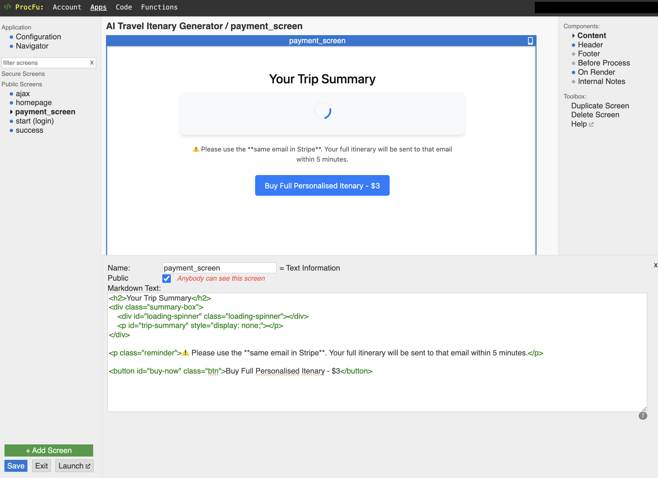 Content section of the payment page