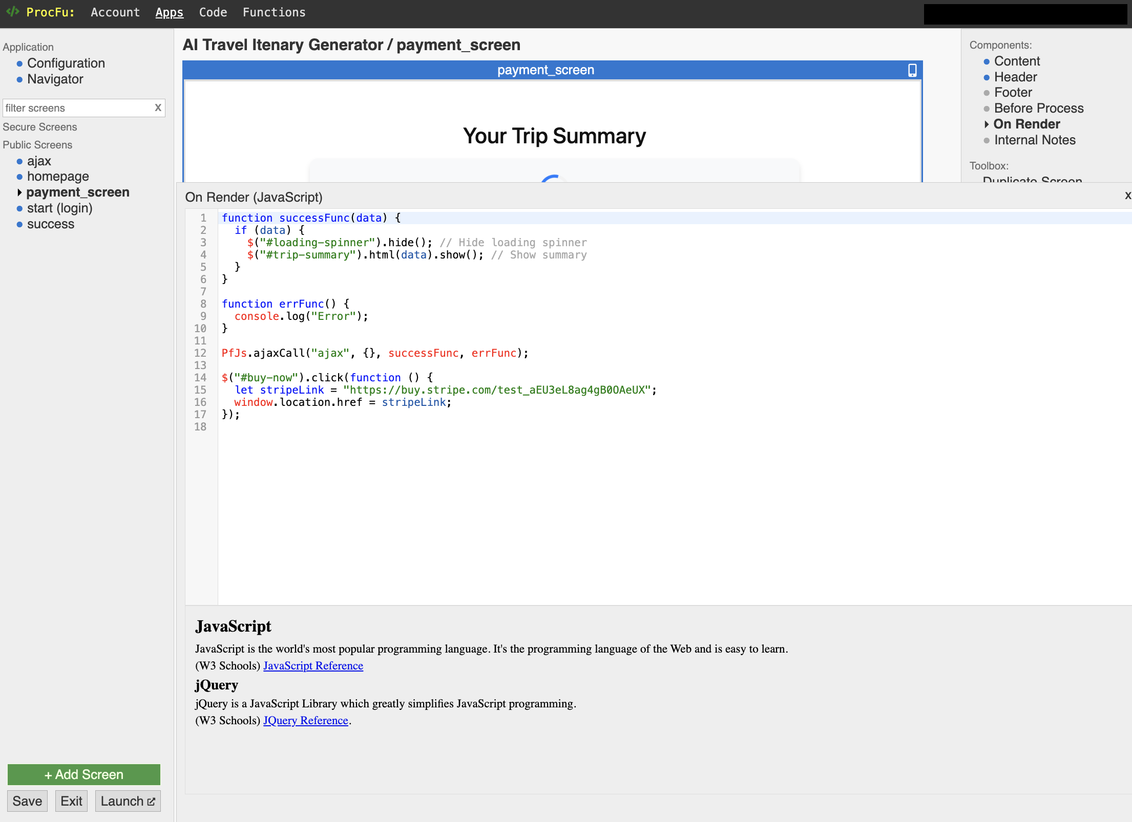 JS code in the On Render section to make AJAX request and display the summary when ready