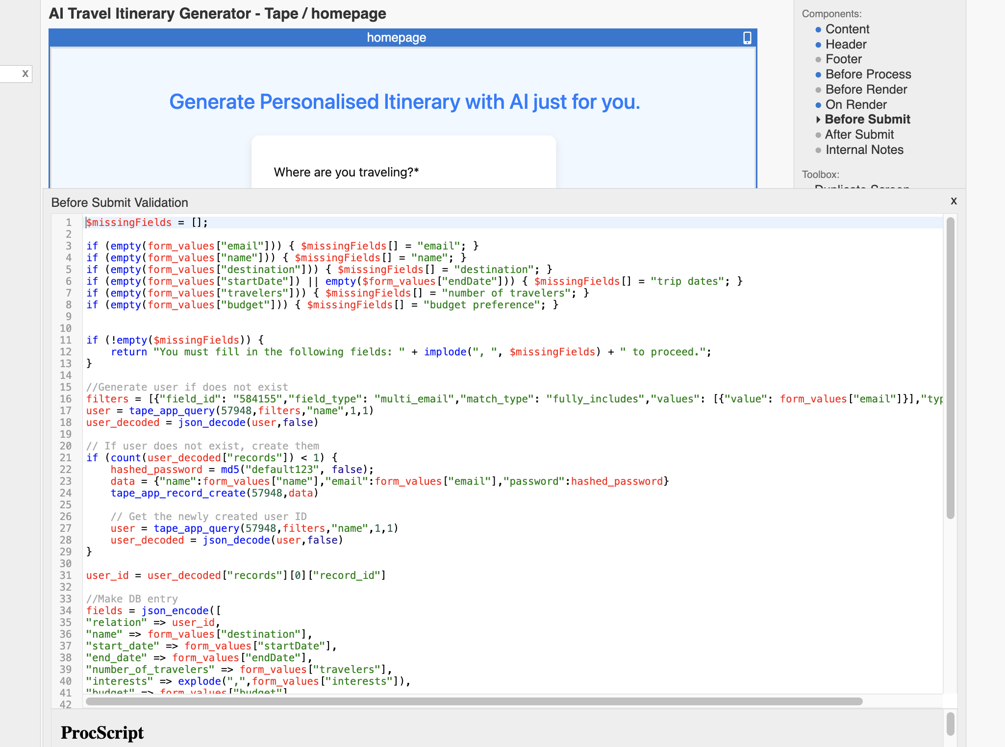 Before Submit section of the home page - Part 1 of the code