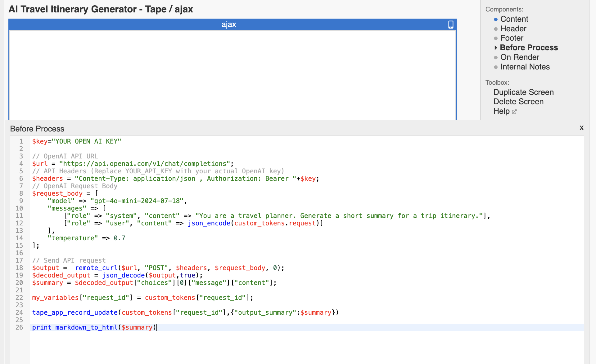 Before Process section of the AJAX screen where the summary generation happens